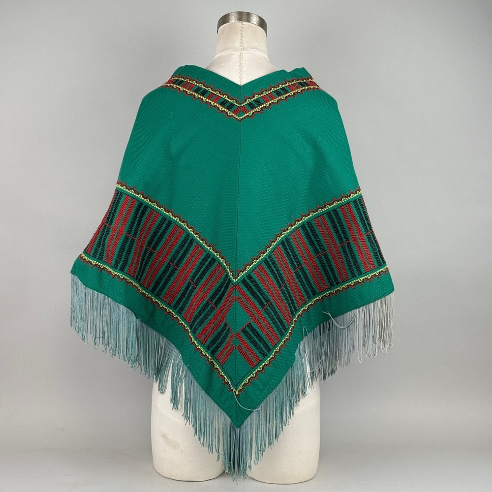Vintage Southwestern Style Poncho Women OS Green Embroidered Fringe Cape - Picture 3 of 6